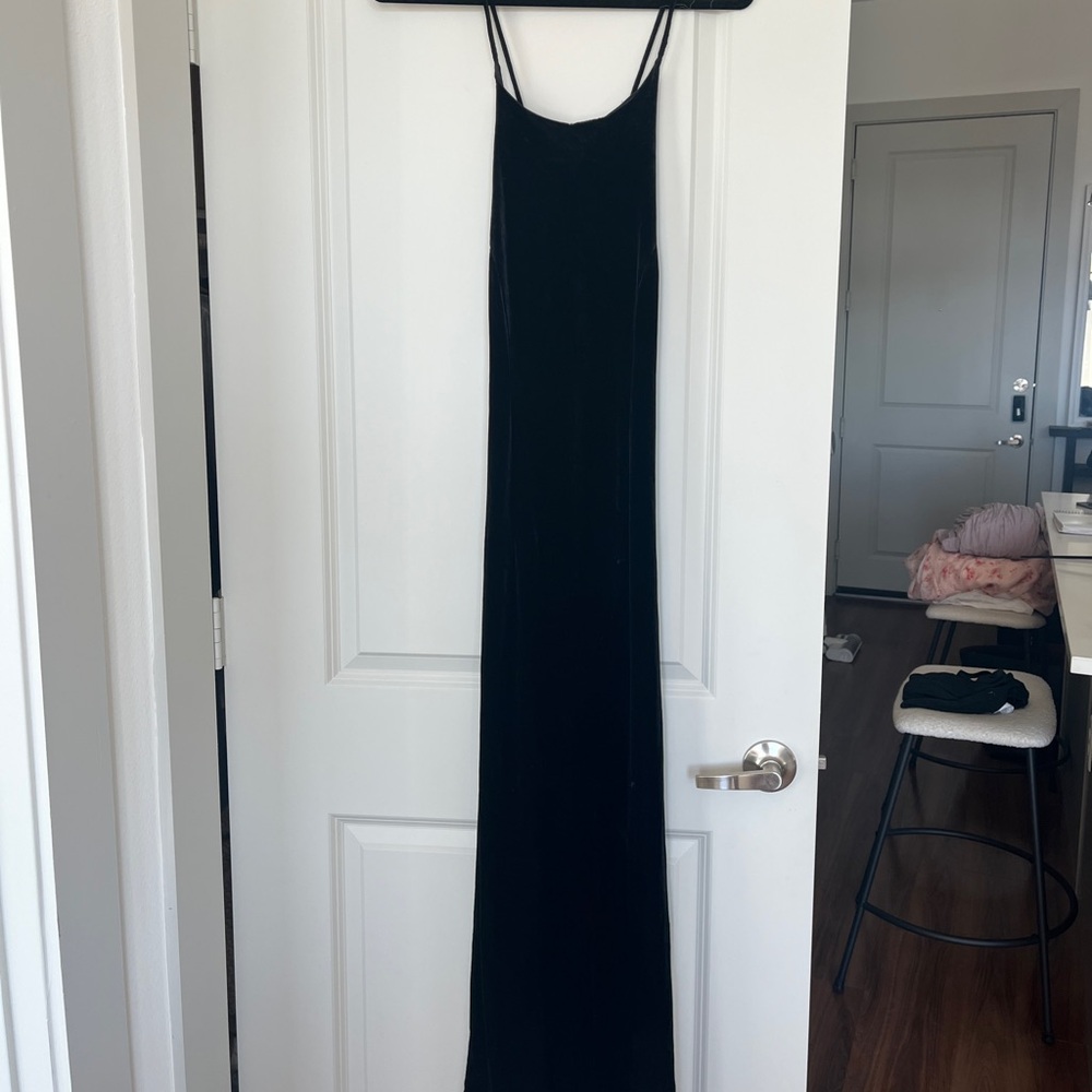 Black velvet open back dress